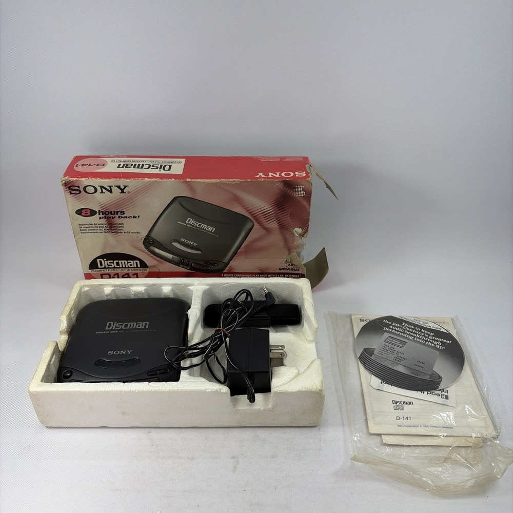 Vintage Sony Discman D-141 with Original Box For Parts Not Working-Powers On